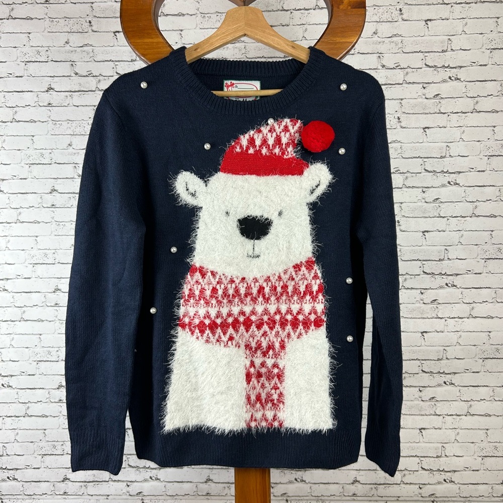 Navy Christmas Sweater with Fuzzy Polar Bear In Hat and Scarf, with pearls, M